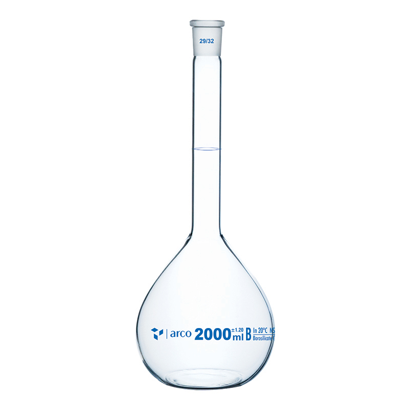 Fiole jaugée 2000 ml verre borosilicaté bouchon plastique classe B